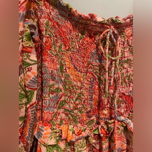 FARM RIO ANTHROPOLOGIE PINK MACAW FLIGHT SMOCKED MIDI DRESS - Picture 10 of 13